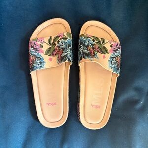 Melissa Cream and Blue Sandals Tropical Print